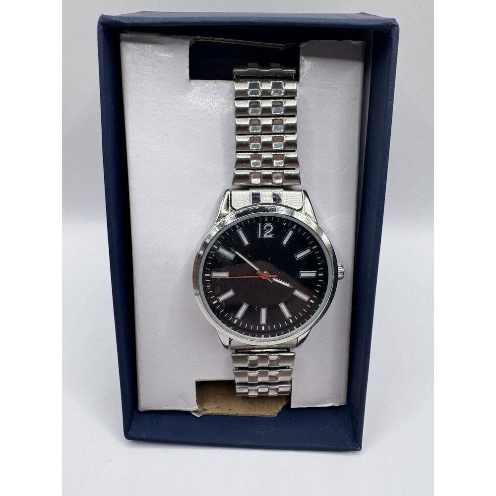 George Men's Silver Round Case Expansion Bracelet Watch Black Dial Red Hand New
